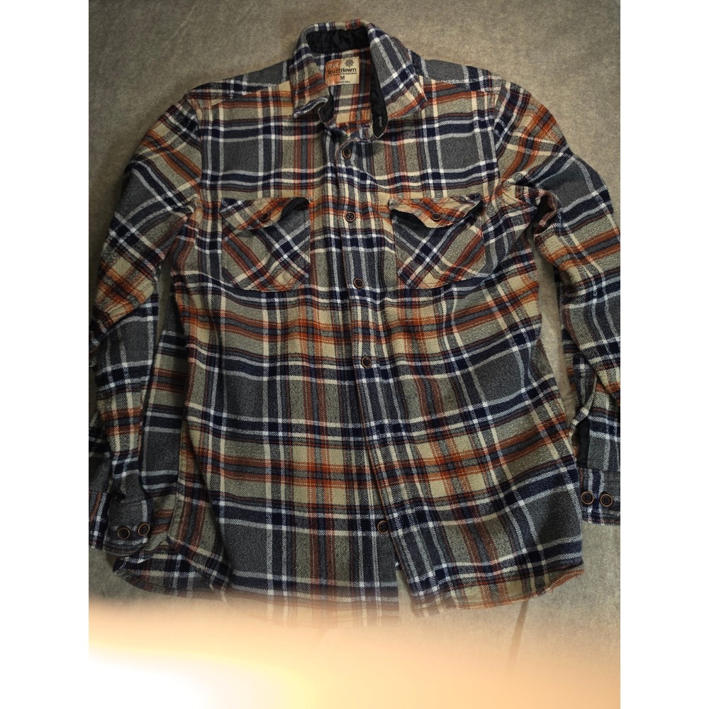 RuffHewn Mens Plaid Flannel Button Down Shirt Grey Orange Navy Blue Size M